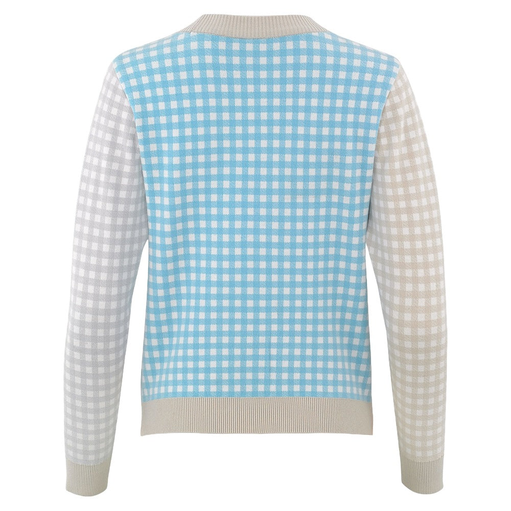 Fairliar FL Gingham Checkered Golf Cardigan Turquoise - FW24 Women