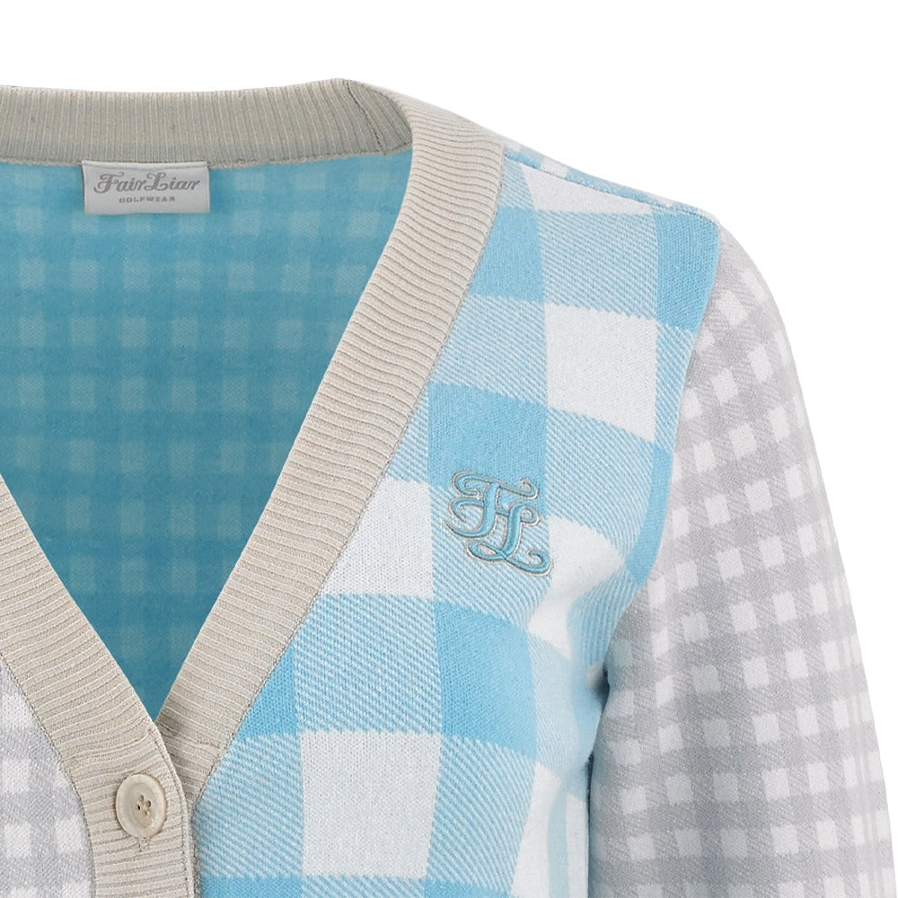 Fairliar FL Gingham Checkered Golf Cardigan Turquoise - FW24 Women