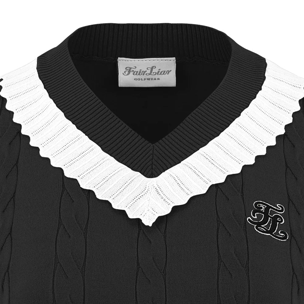 Fairliar V-neck Frill Knit Golf Vest Black - FW24 Women